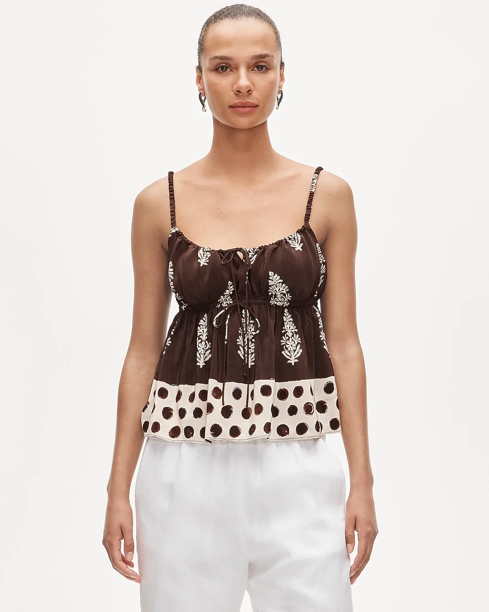 Cinched-Waist Tank Top in Cocoa Block Print