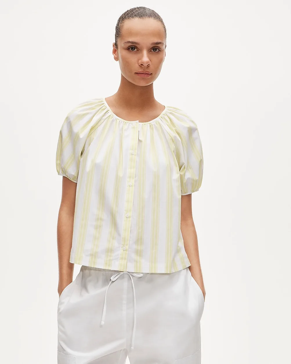 Puff-Sleeve Button-Up Top in Cotton Poplin Stripe by J.Crew