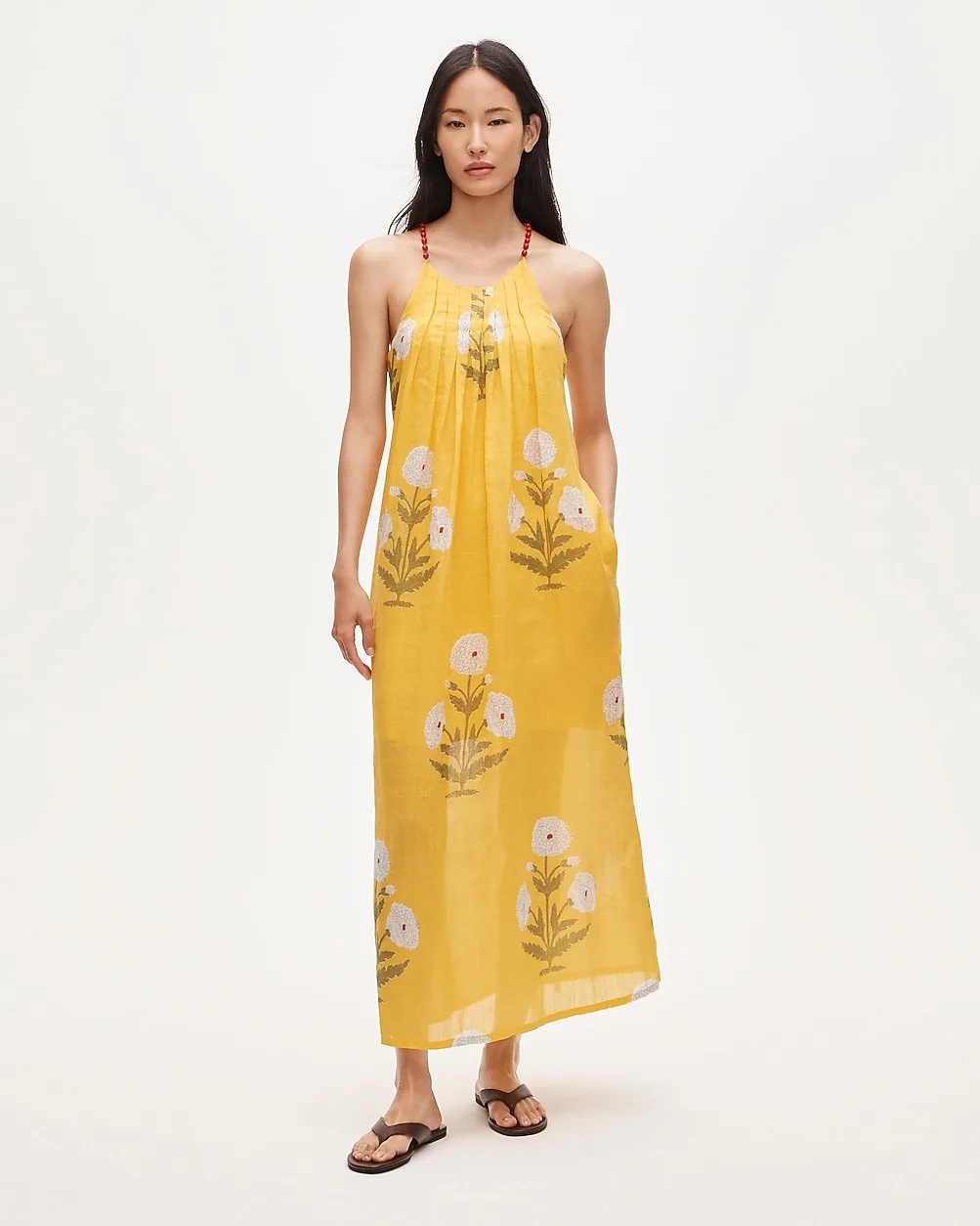 Beaded-Strap Dress in Marigold Block-Print Ramie by J.Crew