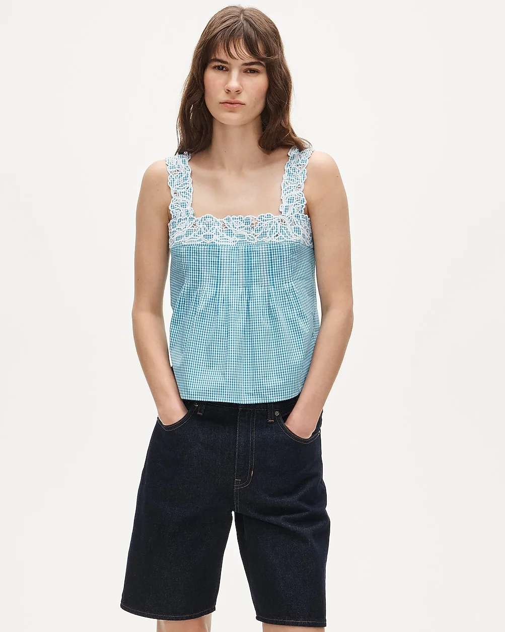 Embroidered Lace-Trim Tank Top in Gingham Compact Poplin by J.Crew