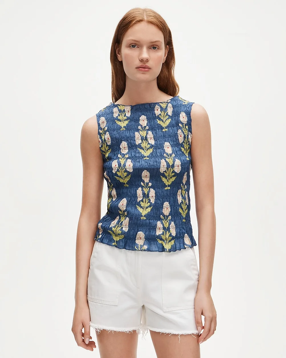 Smocked Shell Top in Marigold Block-Print Ramie by J.Crew