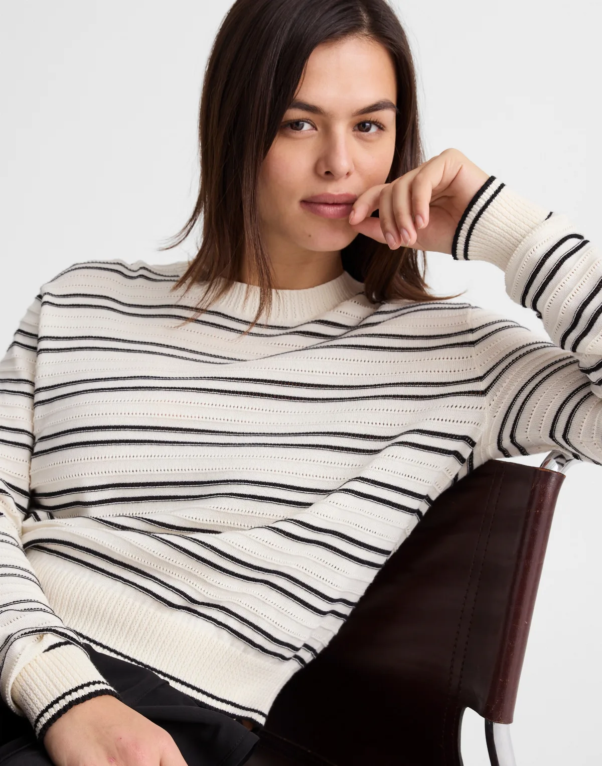 Striped Textured-Stitch Crewneck Sweater in 100% Cotton by MW