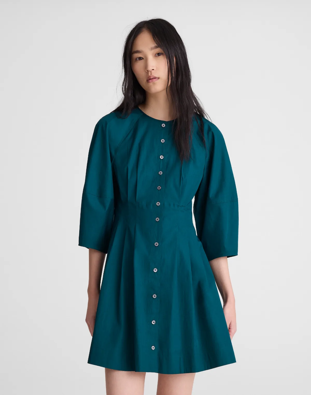 Sculptural-Sleeve Pleated Mini Dress