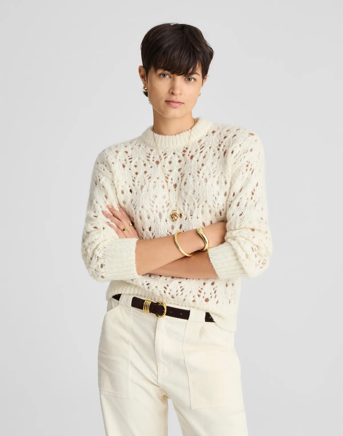 Pointelle-Stitch Drop-Shoulder Sweater by MW
