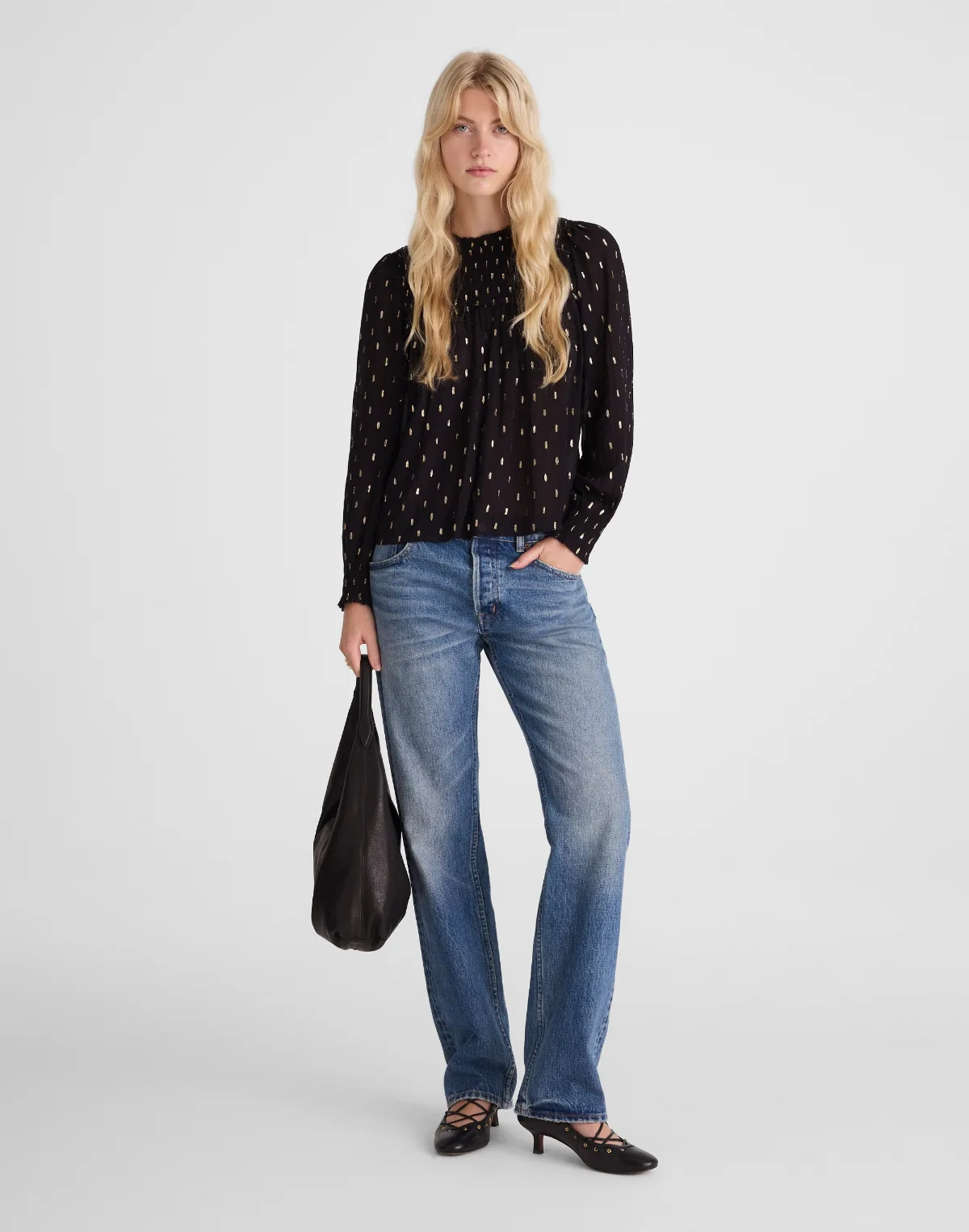 Smocked High-Neck Long-Sleeve Top in Clip Dot by MW