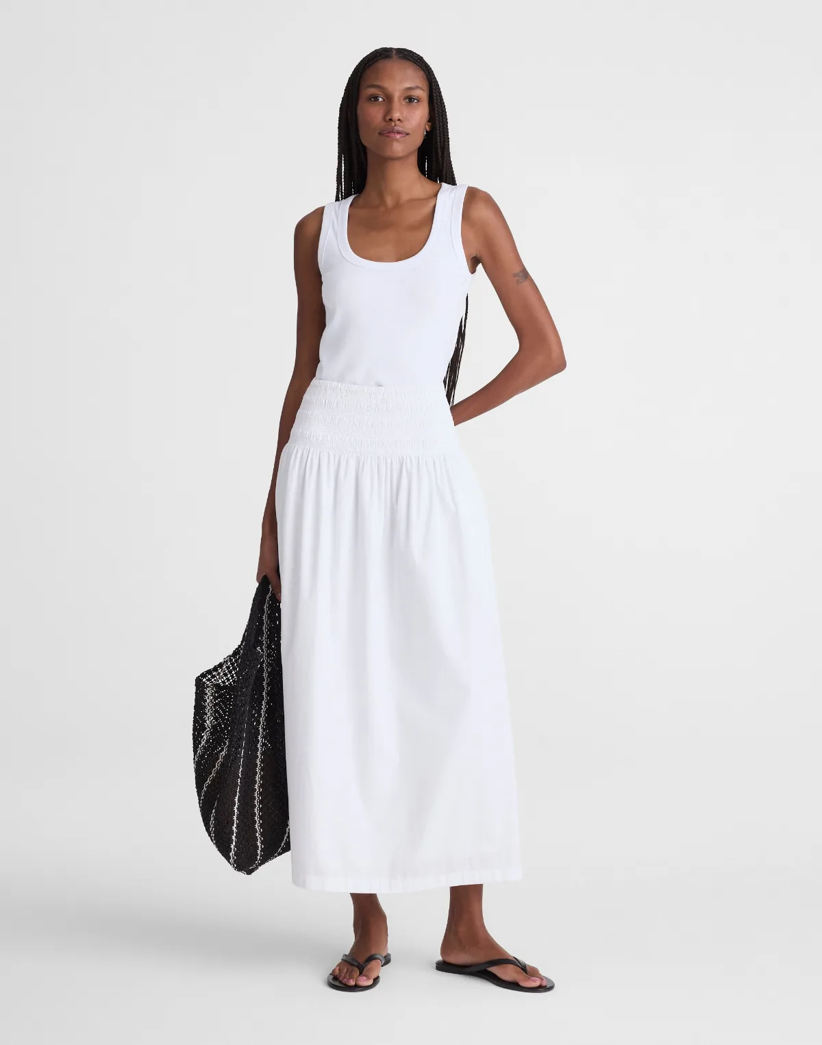 Smocked-Waist Midi Skirt in Poplin by MW
