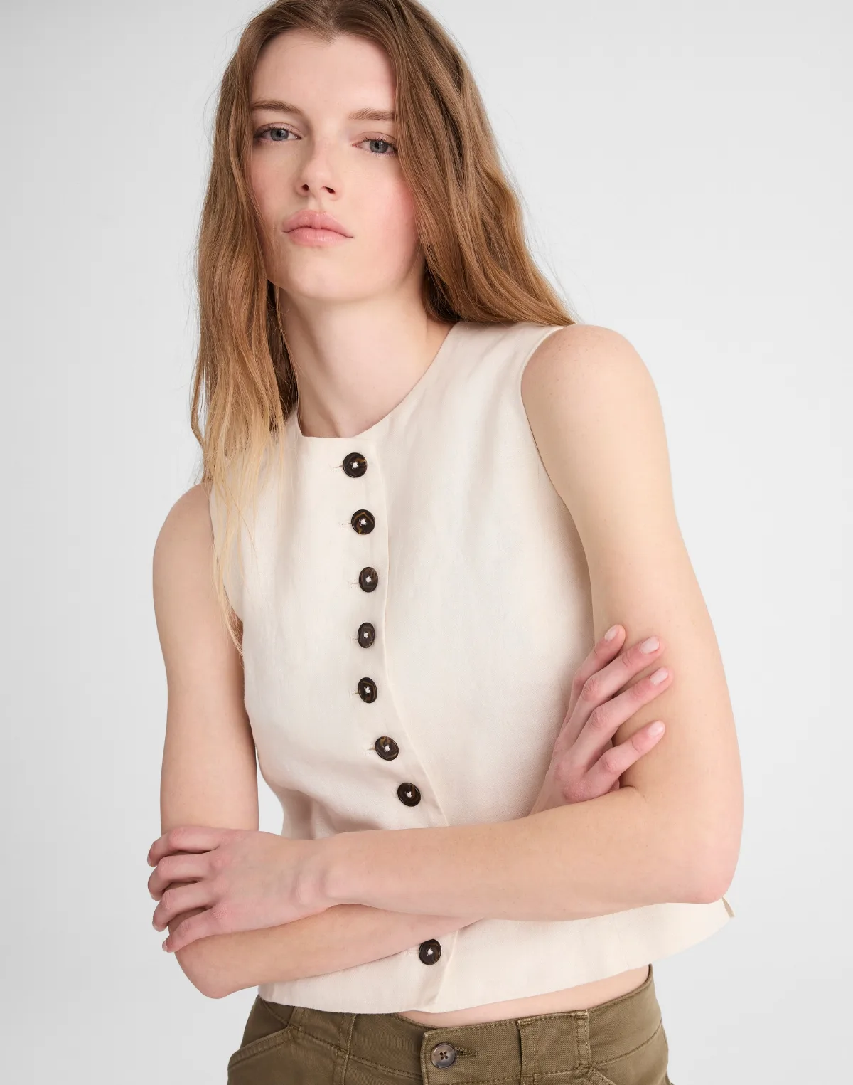 Button-Front Shell Top in 100% Linen by MW