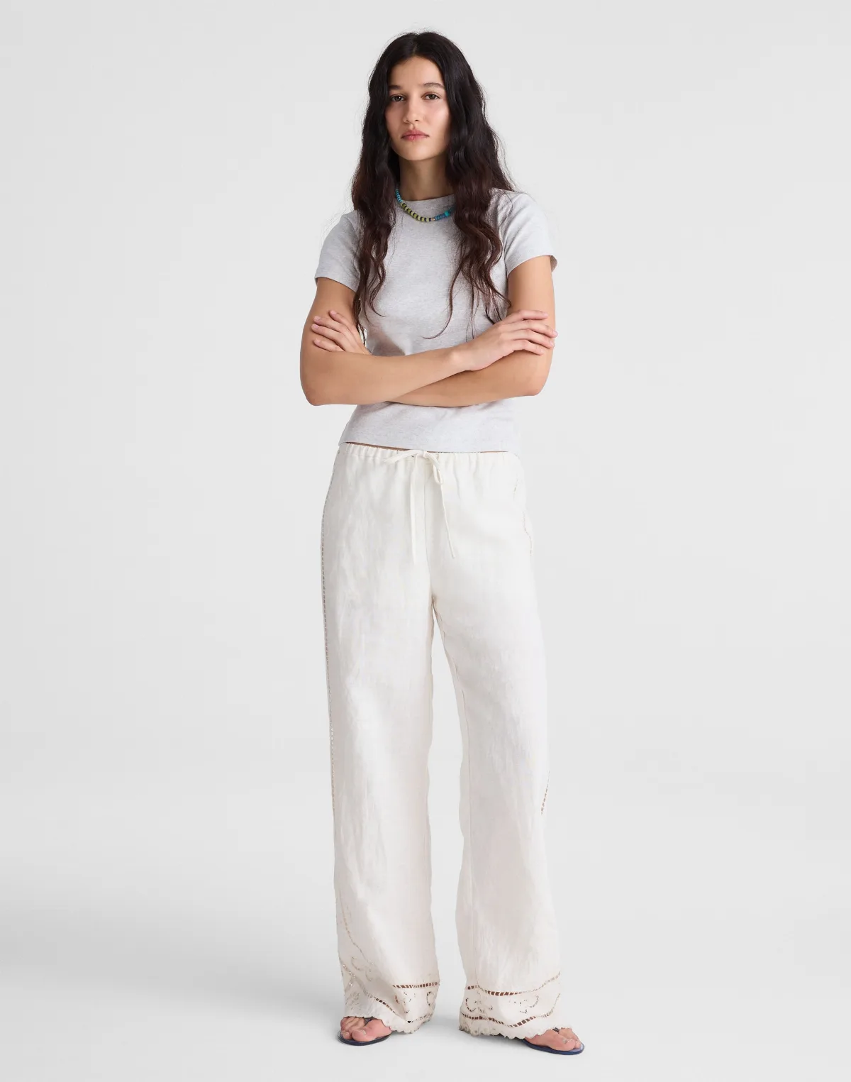 Eyelet Drawstring Pants in 100% Linen by MW