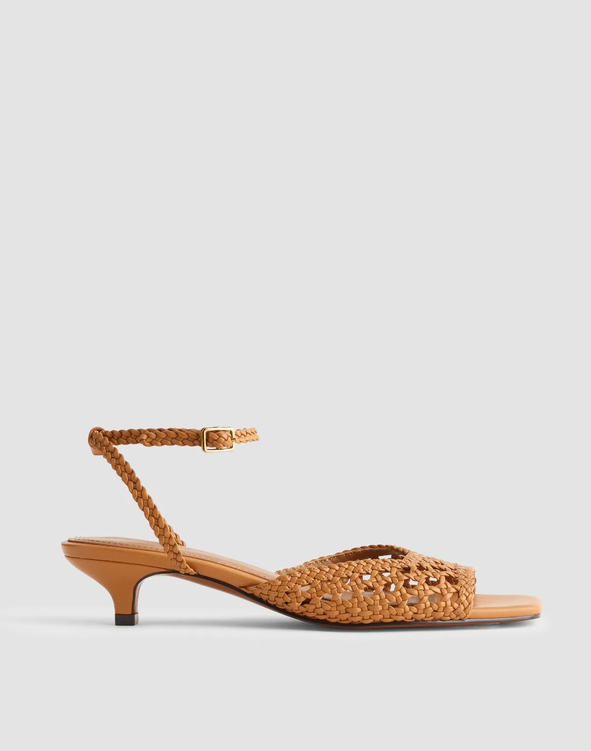 The Tyra Ankle-Strap Kitten-Heel Sandal in Woven Leather by MW