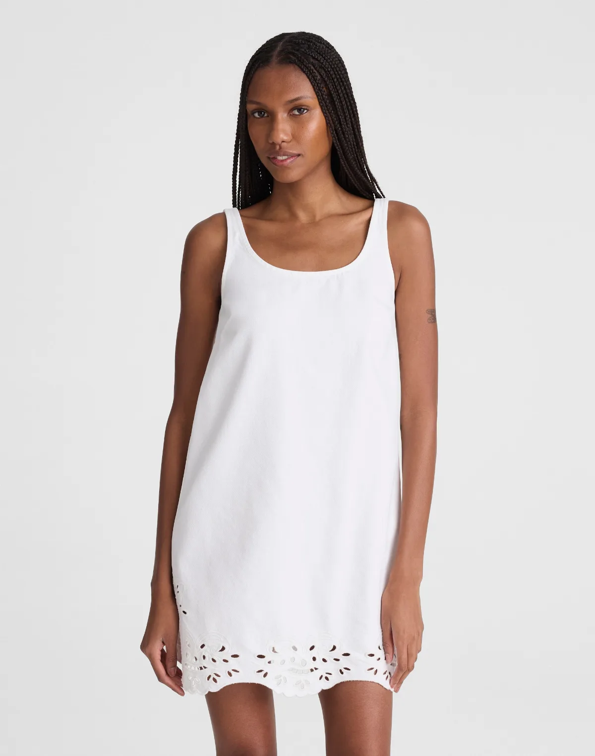 Denim Eyelet Mini Shift Dress by MW