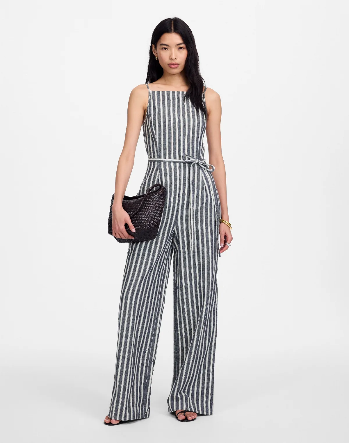 Pleated Wide-Leg Jumpsuit in Pinstripe Linen by MW