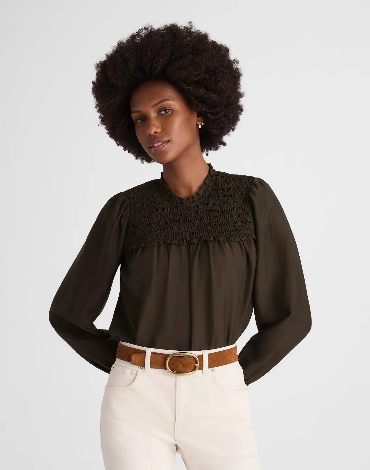 Smocked High-Neck Long-Sleeve Top by MW