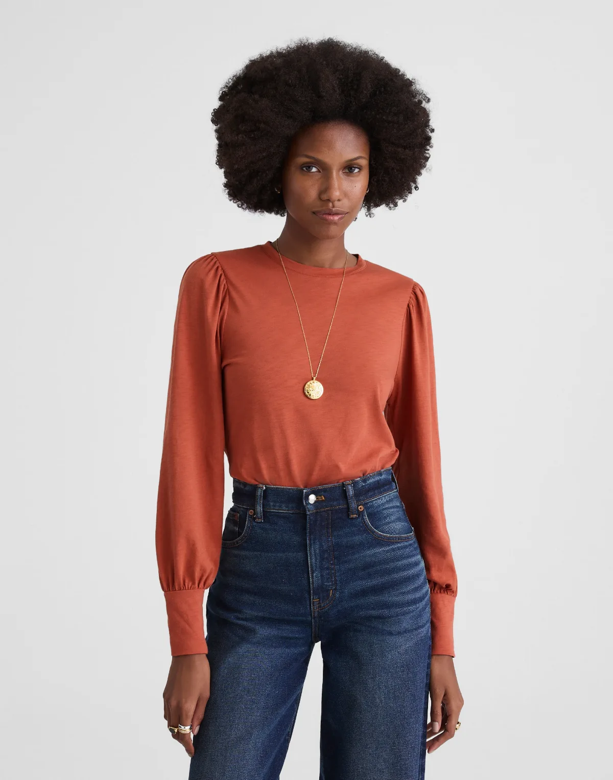 Smocked Long-Sleeve Top in Soft Slub