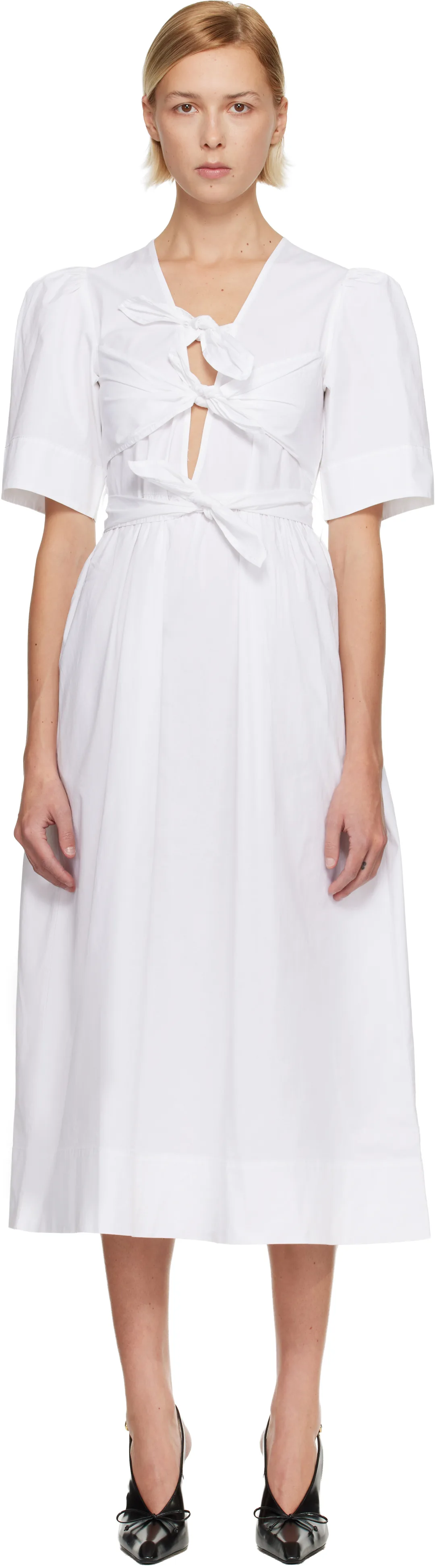 White Washed Stretch Cotton Tie Strap Midi Dress