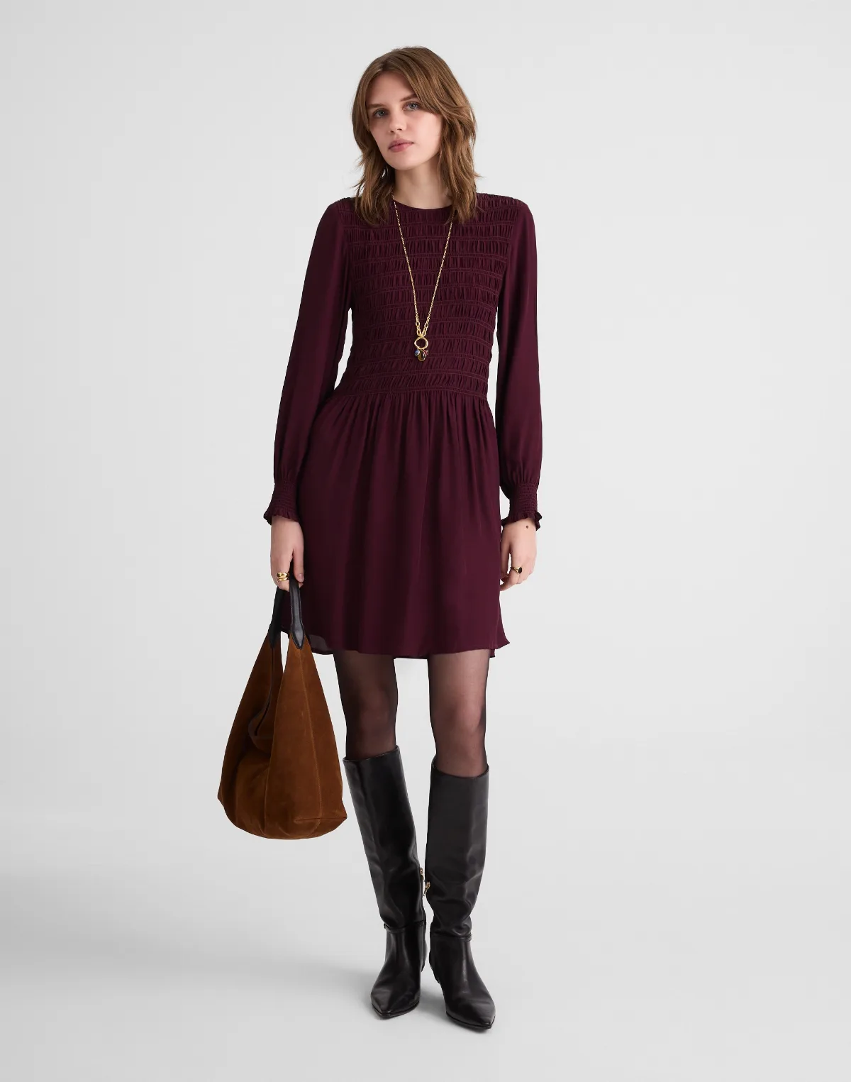 Long-Sleeve Smocked Mini Dress by MW