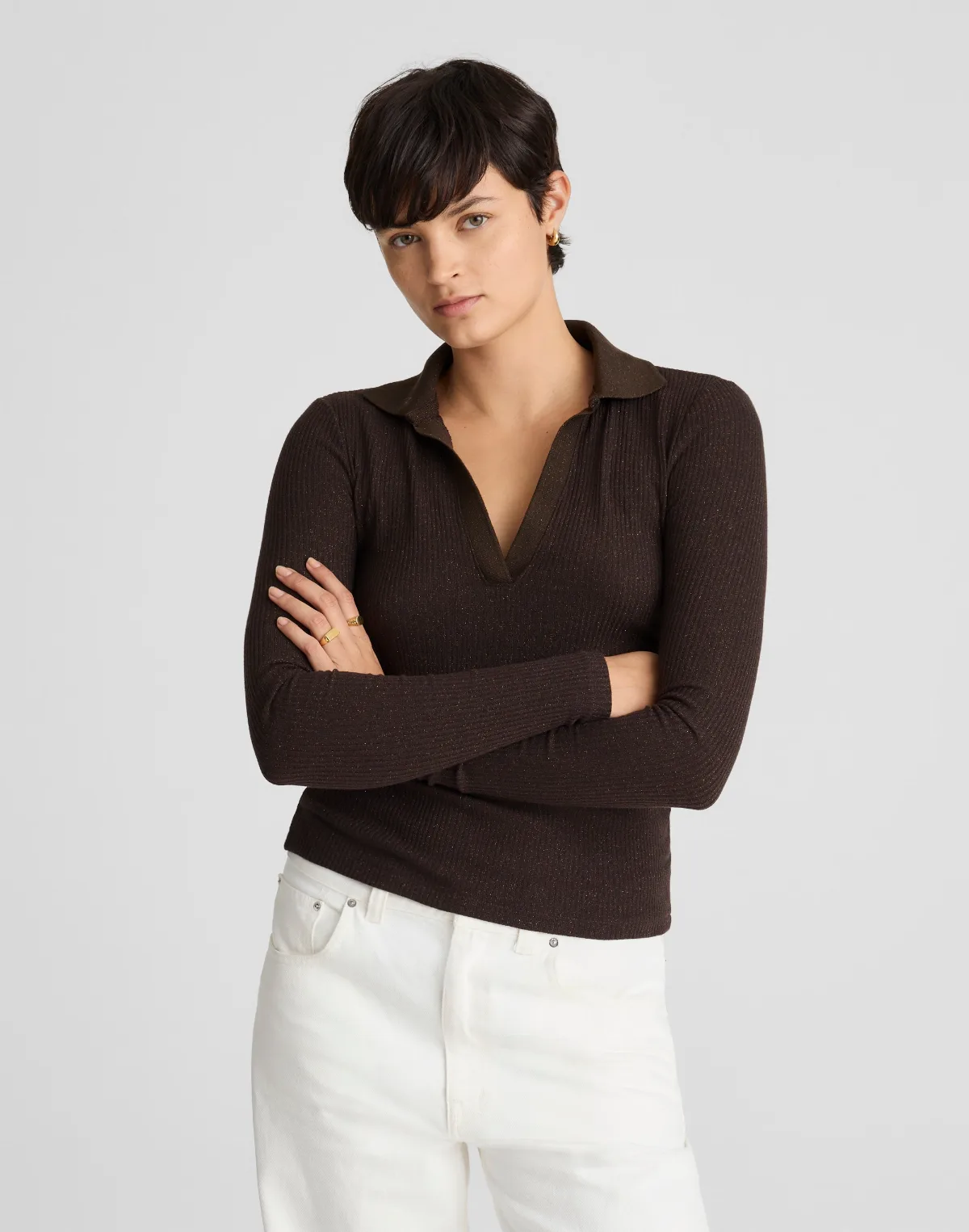 Sparkle Long-Sleeve Polo Top by MW