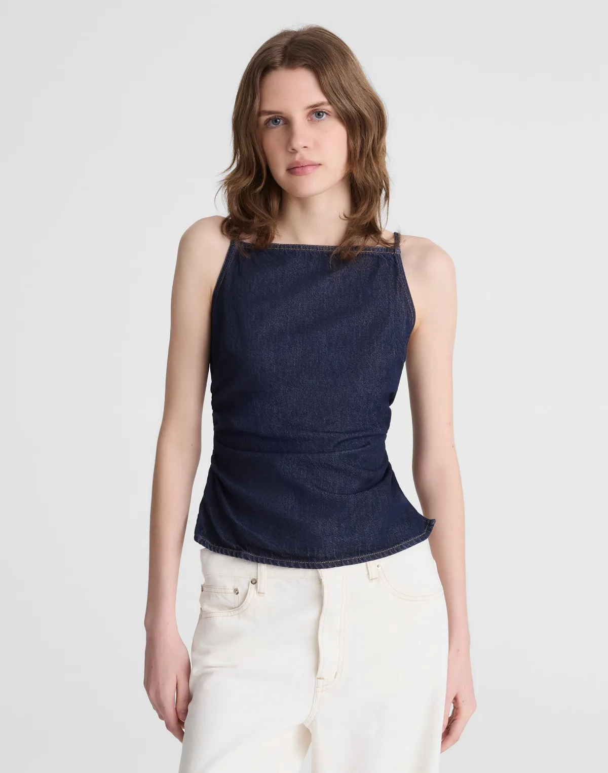 Airy Denim Ruched Squareneck Tank