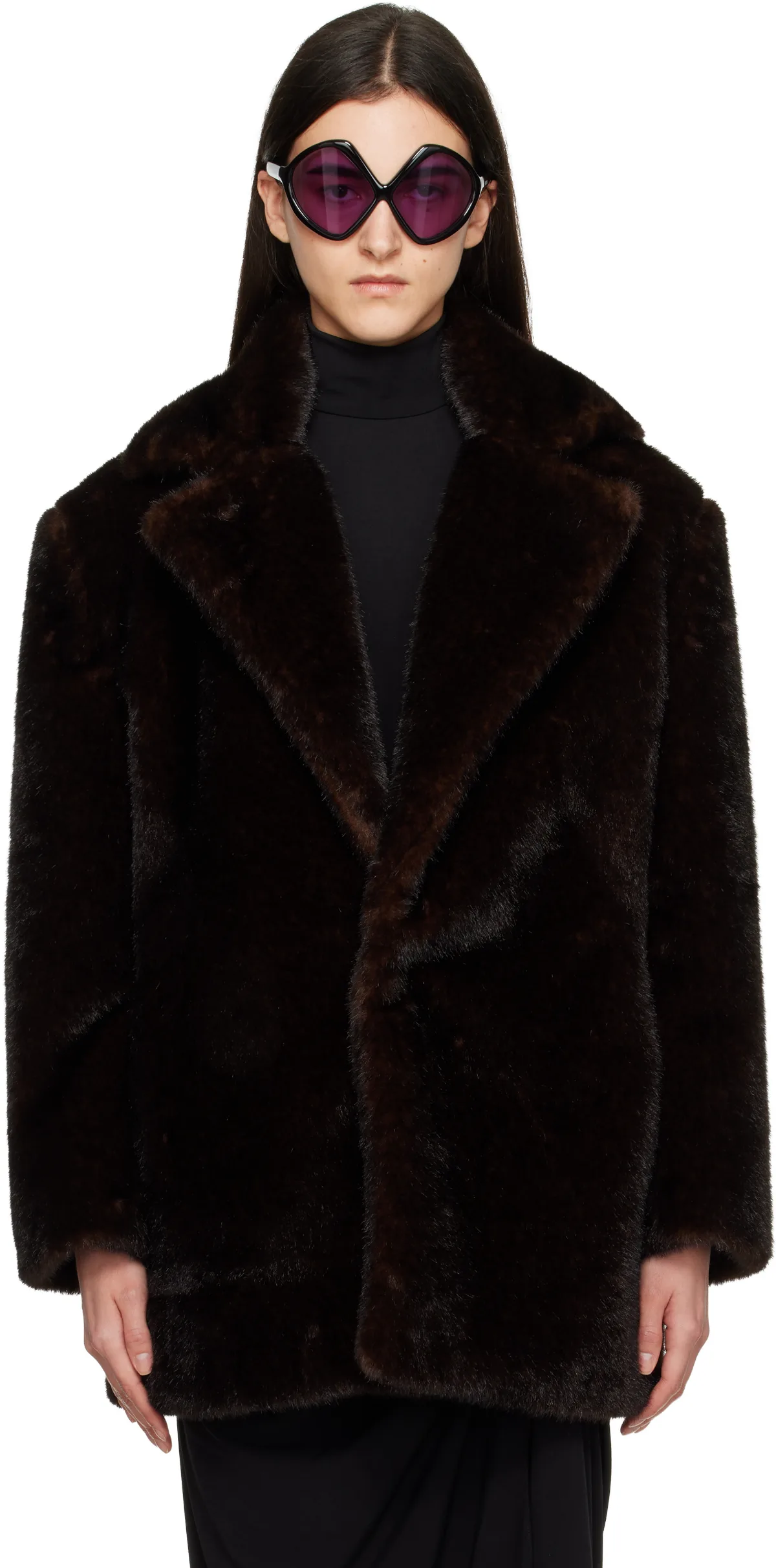 Brown Notched Lapel Faux-Fur Coat
