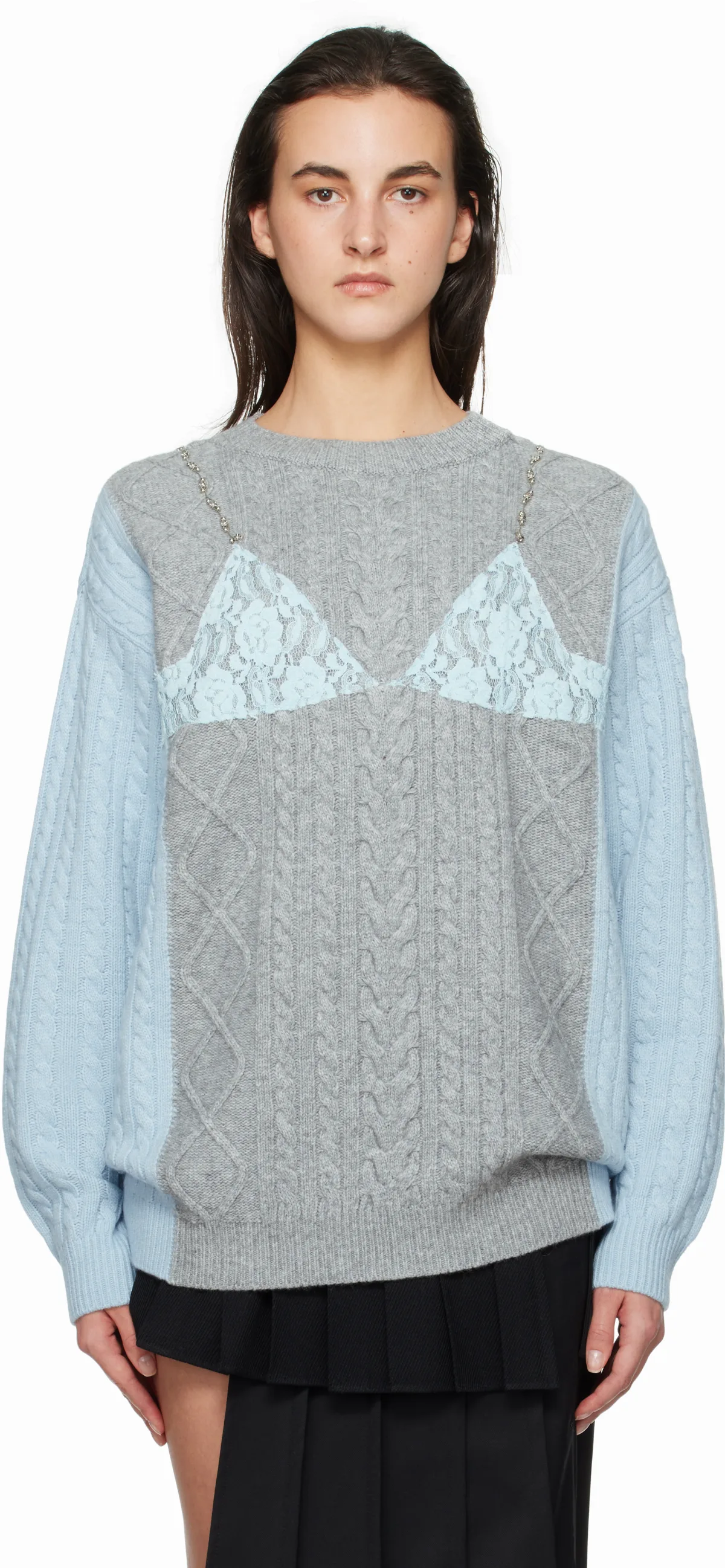 Gray & Blue Lace Lingerie Boyfriend Knit Sweater