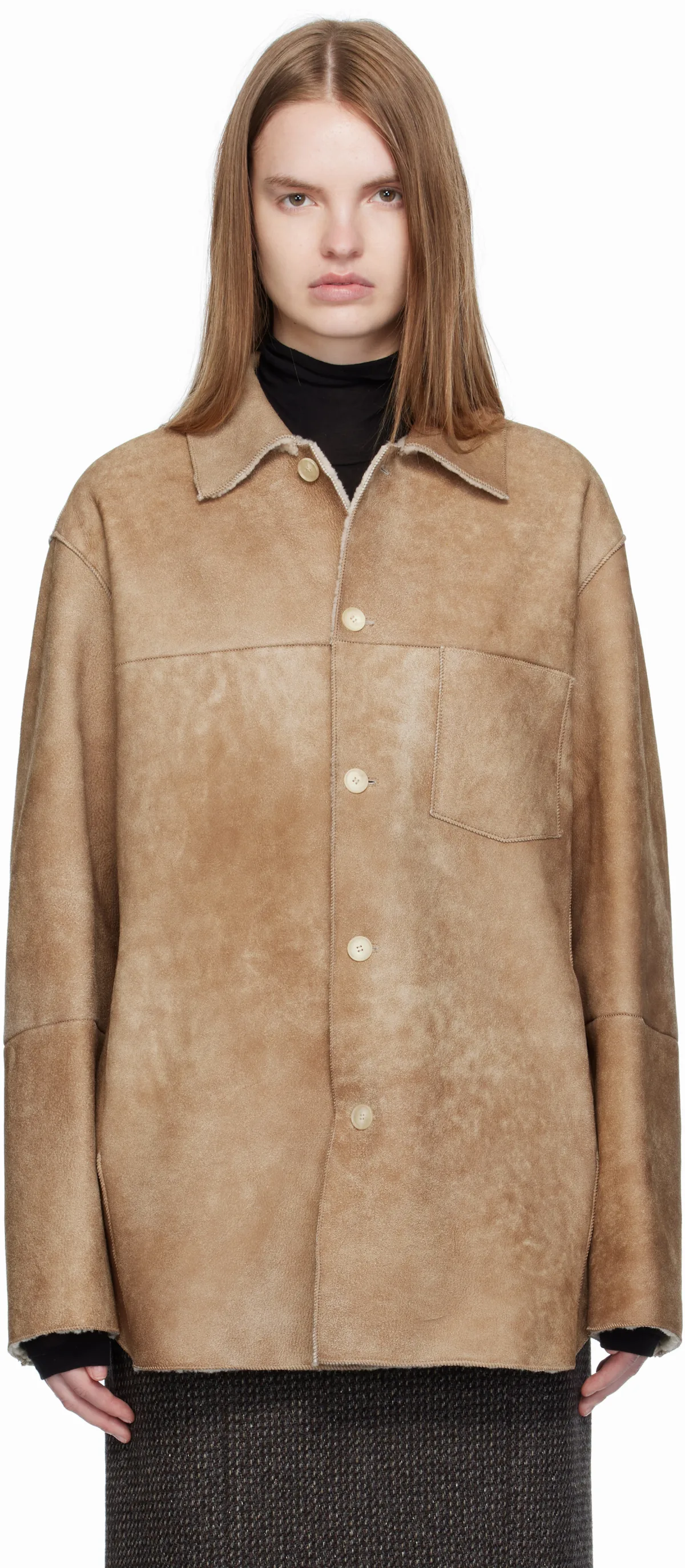 Beige Merino Mouton Shearling Shirt Jacket by AURALEE