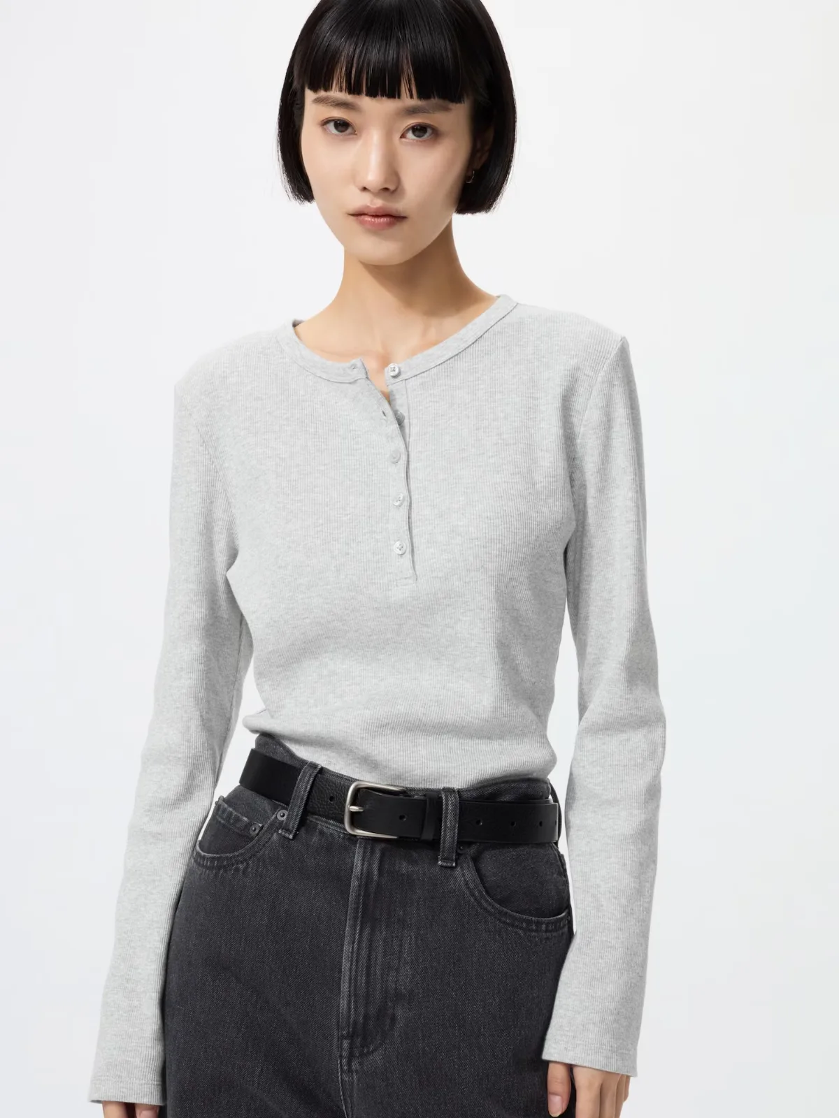 Ribbed Henley Neck T-Shirt by UNIQLO