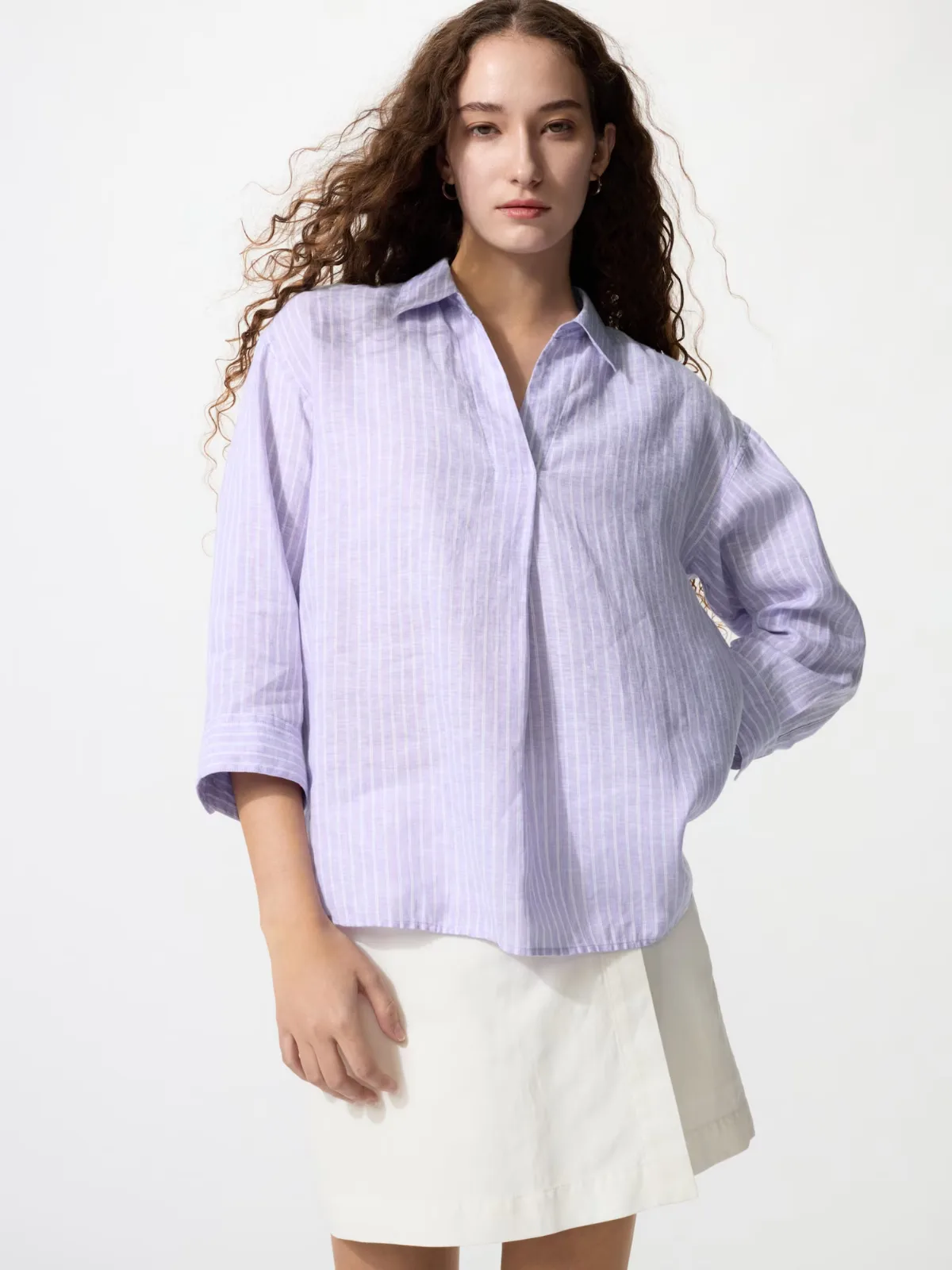 Premium Linen Skipper Collar 3/4 Sleeve Shirt Striped, 100% Linen by UNIQLO