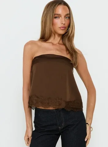 Sheyla Strapless Satin Lace Trim Top by Princess Polly Lower Impact
