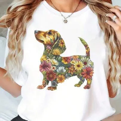Floral Dachshund Print Round Neck T-Shirt
