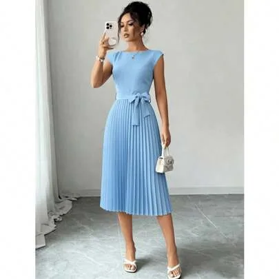 Solid Color Elegant Casual Tie-Waist Pleated Dress by SHEIN