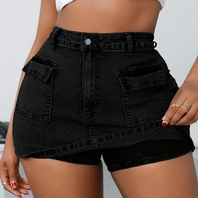Skinny Front Pocket Denim Skorts by SHEIN