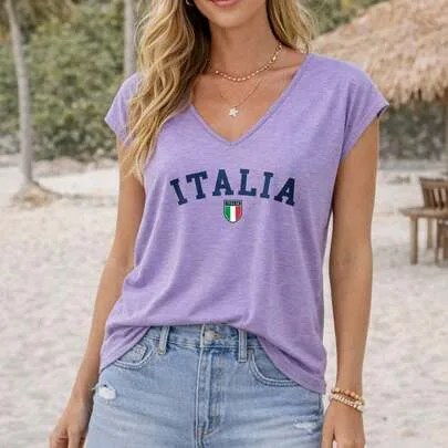 Italia Flag Print Colorful V Neck Short Sleeve Vest T Shirt by SHEIN