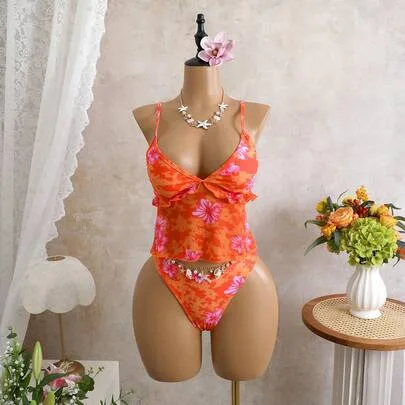 Floral Print Camisole & Thong Bikini Set 2-Piece Tummy Control Swimwear by Bellisia