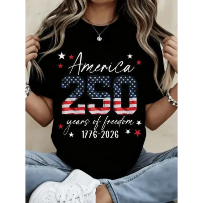 America Flag Number Print TShirt Casual Crew Neck Lightweight Knit Fabric Top by SHEIN