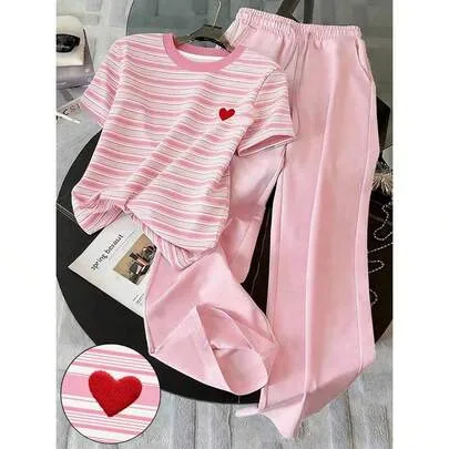 Embroidered & Woven Strap Minimalist Round Neck T-Shirt Set 2pcs by SHEIN
