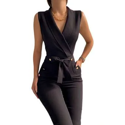 Elegant Jumpsuit V Neck Sleeveless Straight Belted Long Pants Business Suit Set with Pockets Lapel Collar Romper with Gold Button Details