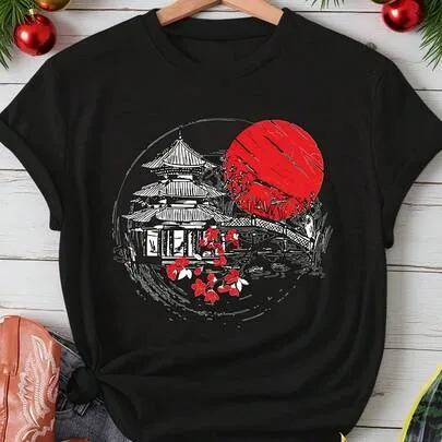 Sun Japanese Temple Cherry Blossoms Print T-Shirt Short Sleeve Casual Top by SHEIN