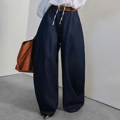 Low Rise Baggy Barrel Jean Pant Dark Wash Denim by Hauture