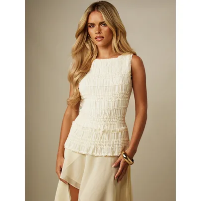 Smocked Ruched Sleeveless Blouse Boat Neckline Fitted Textured Chiffon Top by MISSGUIDED