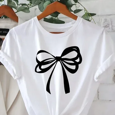 Black Bow Graphic Print T-Shirt Short Sleeve Crew Neck Casual Top by SHEIN