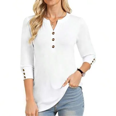 V-Neck Puff Sleeve 3/4 Sleeve Tunic Top with Button Cuffs