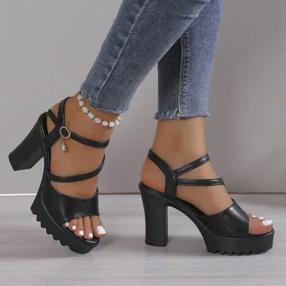 Platform Chunky Heeled Sandals with Rhinestone Detailing