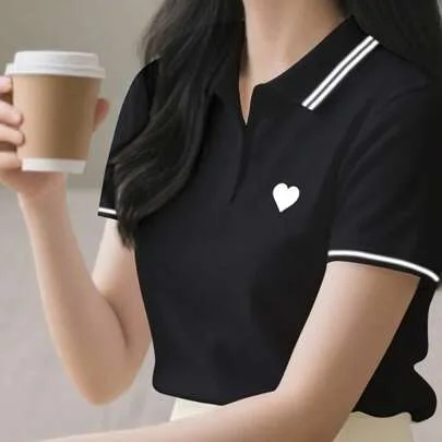 Heart Striped Short Sleeve Casual Polo Shirt Graphic Tee by Resyla