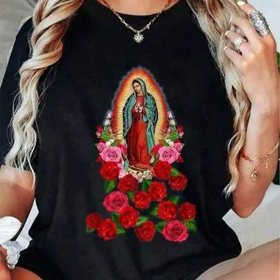 Virgin Mary Our Lady of Guadalupe T-Shirt Casual Short Sleeve Loose by SHEIN