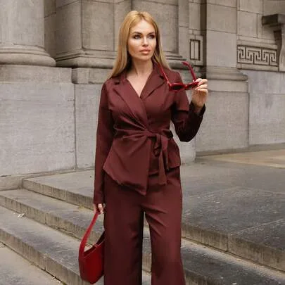 Double-Layer Stretchy V-Neck Wrap Chest Tie-Waist Design Elegant Professional Outfit Set by Elenary Edit