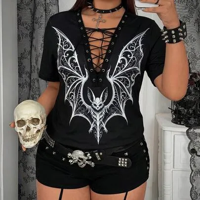 Punk Patchwork Webbing Drawstring Lace-Up Bat Print T-Shirt by Whyspr