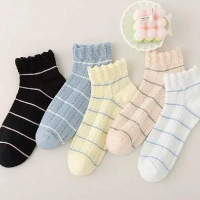 Multiful-Colors Short Ruffled Socks with Striped Patterns Breathable Moisture-Wicking 5 Pairs by SHEIN