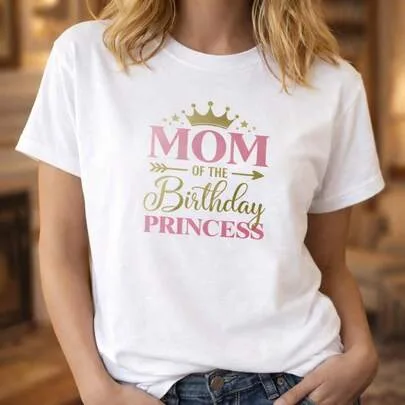 Mom of the Birthday Princess Cotton Graphic Tee with Crown Design