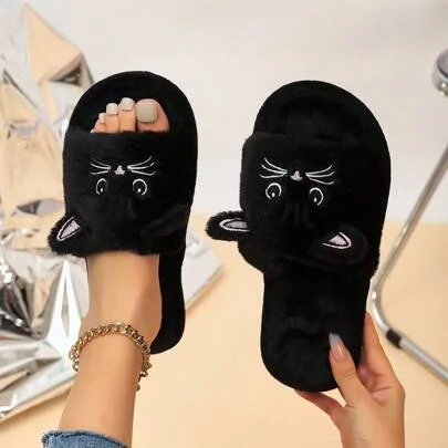 Cartoon Cat Slippers Flat Sole Lightweight Open Toe Fluffy