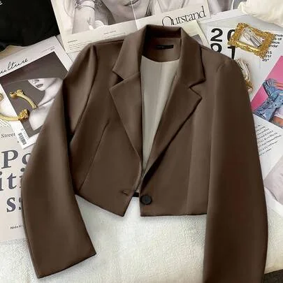 Solid Color Lapel Neck Long Sleeve Single-Button Short Casual/Work Blazer Leather by Franclia