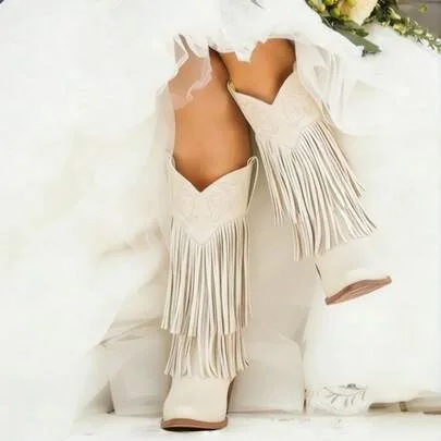 Knee High Boots Rhinestone Fringe Pointed Toe Chunky Heel Western Cowgirl Cowboy Boots Pull On by SHEIN
